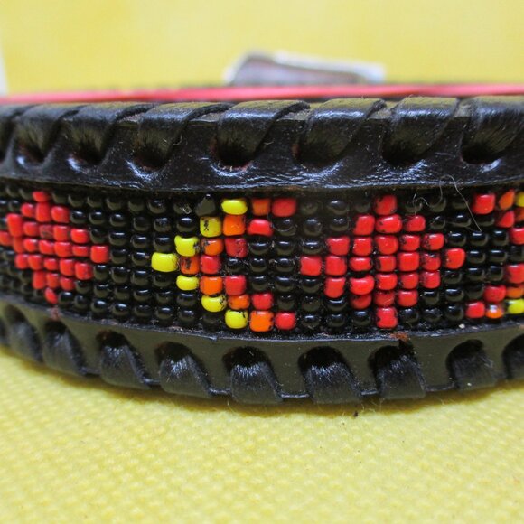 Seed Bead Black Genuine Leather Belt Silver Tone Buckle South Western Bead Bel5 - Picture 6 of 9